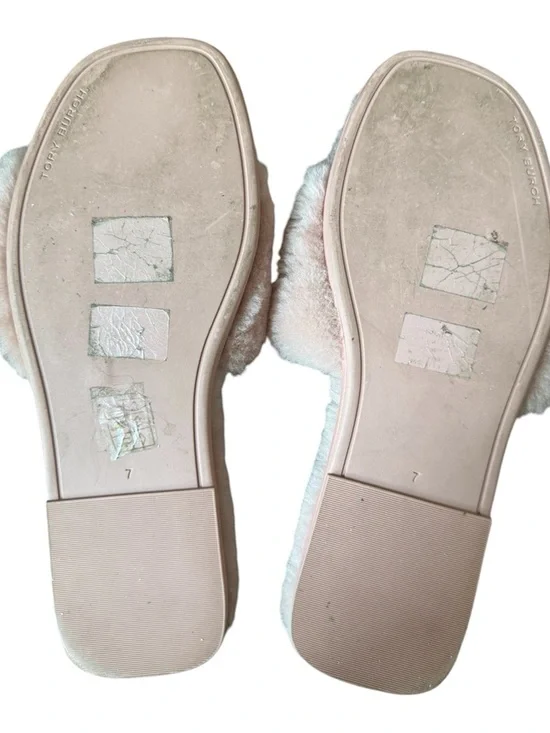 Tory Burch Pink Fur Slide Sandals with Crystal Logo - Picture 5 of 5
